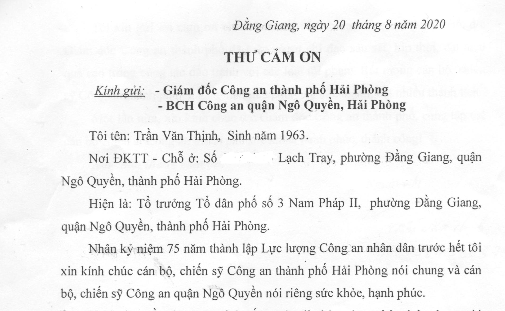 Ông Trần Văn Thịnh ở phường Đằng Giang (Quận Ngô Quyền) gửi thư cảm ơn Công an quận Ngô Quyền